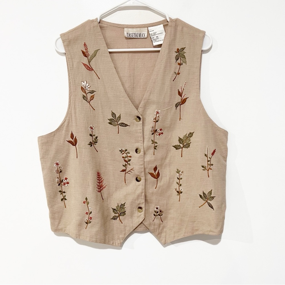 Vintage Cotton Linen Embroidered Cottagecore Nature Floral Leaf Casual Vest XL